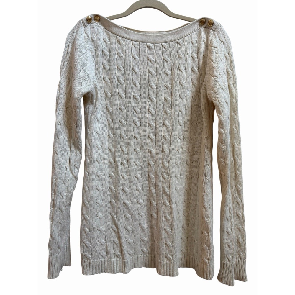 Lauren Ralph Lauren Cream Cable Knit Sweater Gold Buttons Boat Neck Cotton Sz L